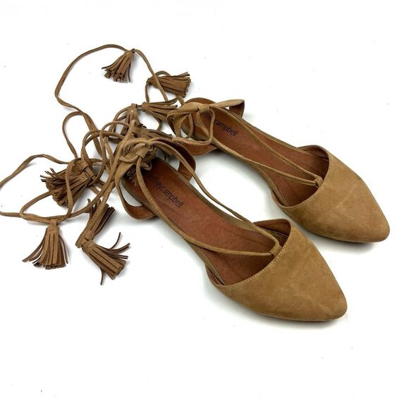 Jeffrey Campbell Amour Tassel Ankle Wrap Tan Suede Pointed Toe Flats size 7.5 - Picture 2 of 12